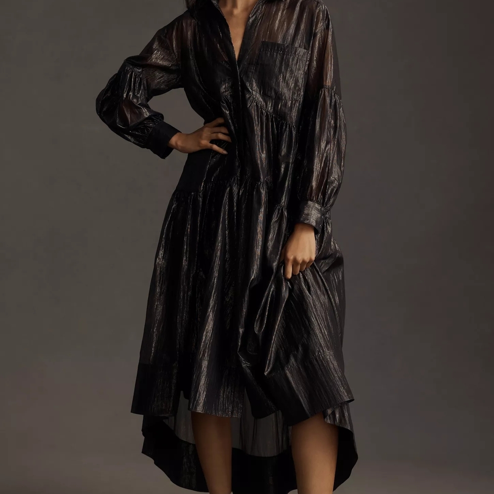 (NWT) Anthropologie Pilcro Long-Sleeve V-Neck Metallic High-Low Dress
